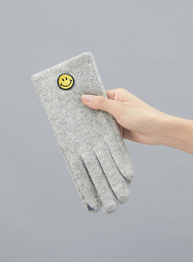 韩国东大门可爱笑脸羊毛手套加绒加厚保暖触屏五指妮子女冬防寒