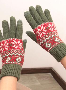 日本羊毛针织冬季保暖手套女加绒加厚保暖五指触屏森系雪花手套