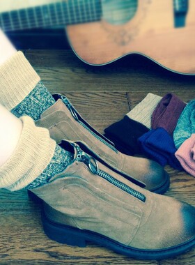 秋冬日系双针兔羊毛羊绒袜复古堆堆女袜中长筒翻边织花打底袜防寒