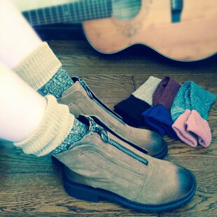 秋冬日系双针兔羊毛羊绒袜复古堆堆女袜中长筒翻边织花打底袜防寒