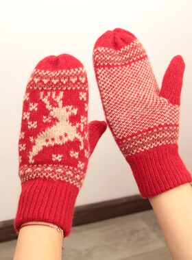 日本客单双层羊毛加绒加厚手套全包连指红色圣诞小鹿手套学生户外