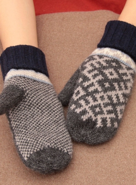 出口日本羊毛针织全包指手套情侣女冬天保暖户外骑车手套文艺菱格