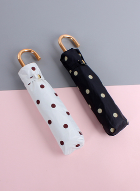 日系小清新黑白波点太阳伞弯钩轻量防晒伞黑胶防紫外线晴雨两用