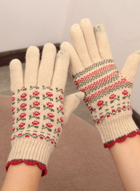 ins日系可爱泫雅花朵羊毛针织手套双层加绒加厚女冬触屏分指防寒