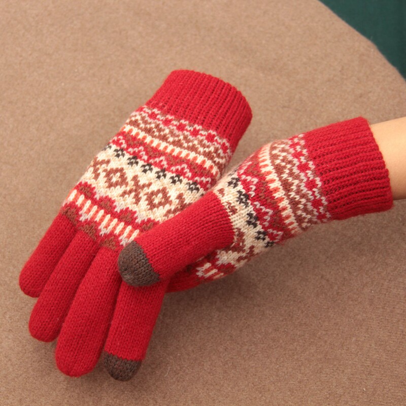 日本双层加厚加绒手套羊毛针织秋冬季女保暖触屏户外保暖复古花纹