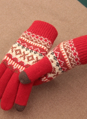 日本双层加厚加绒手套羊毛针织秋冬季女保暖触屏户外保暖复古花纹