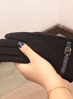 女冬女神气质百搭手套皮扣加绒加厚户外防寒保暖分指触屏麂皮绒