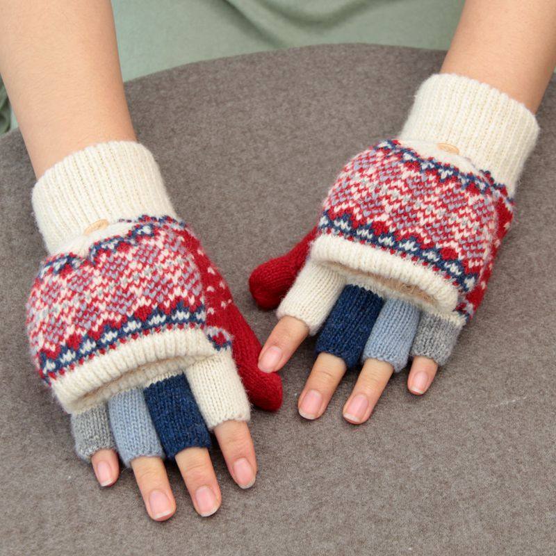 加绒加厚羊毛复古文艺撞色手套