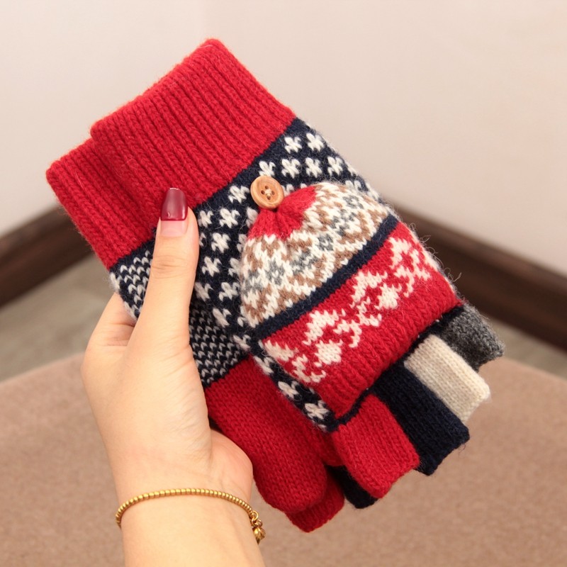 女羊毛翻盖半指羊毛加绒加厚手套