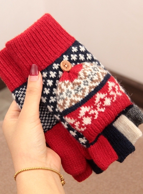 日本羊毛翻盖加绒加厚保暖半指手套女冬保暖学生写字复古花纹露指