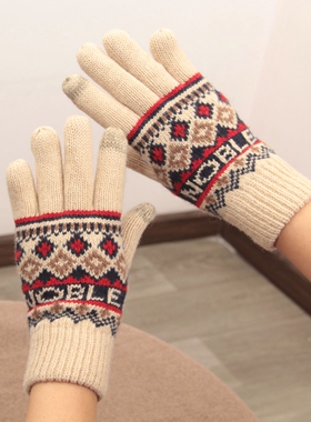 日系费尔岛复古花纹手套羊毛加绒加厚防寒女冬保暖分指触屏森系