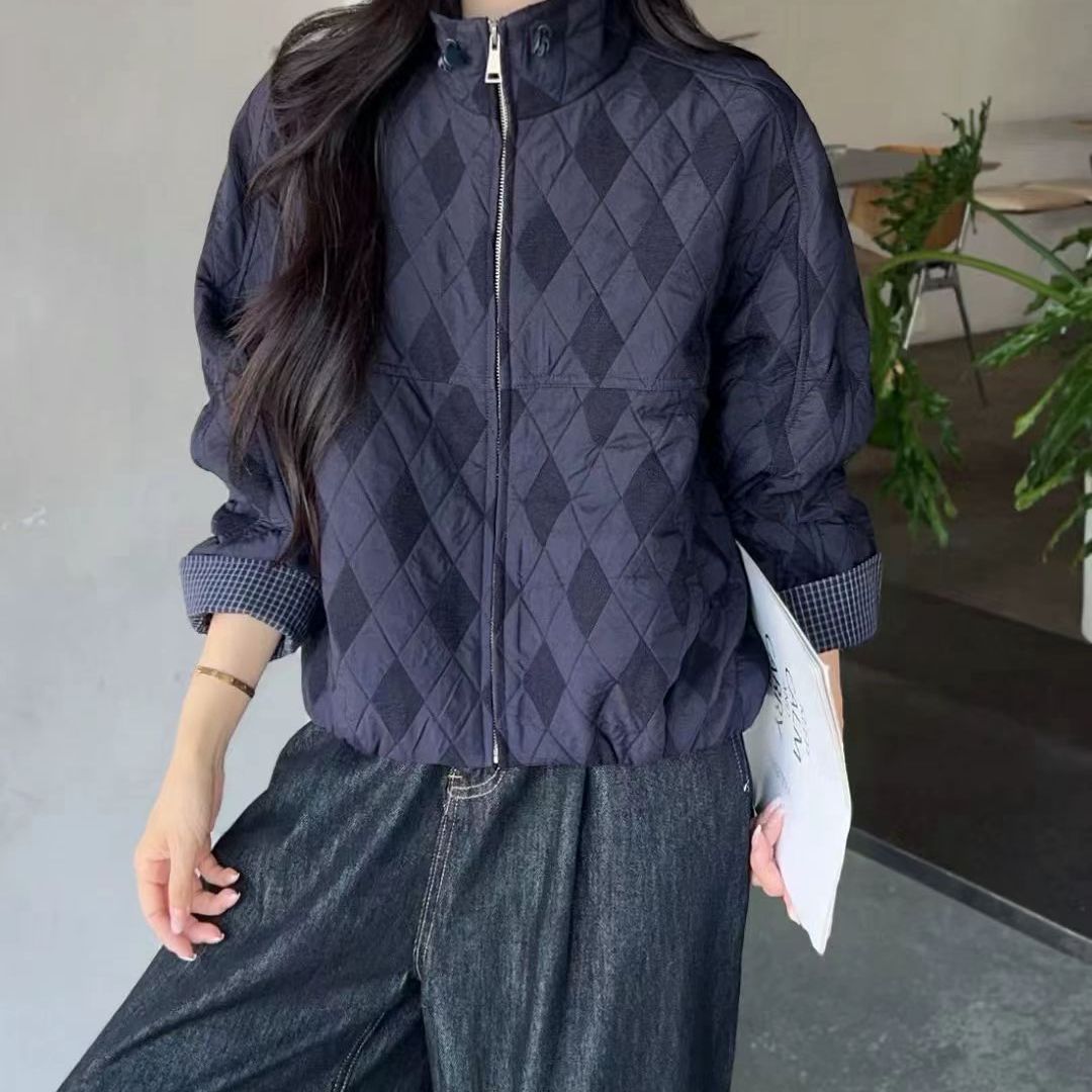 村口伊依825175欧货秋装2025时尚立领拉链菱形格刺绣花休闲短外套