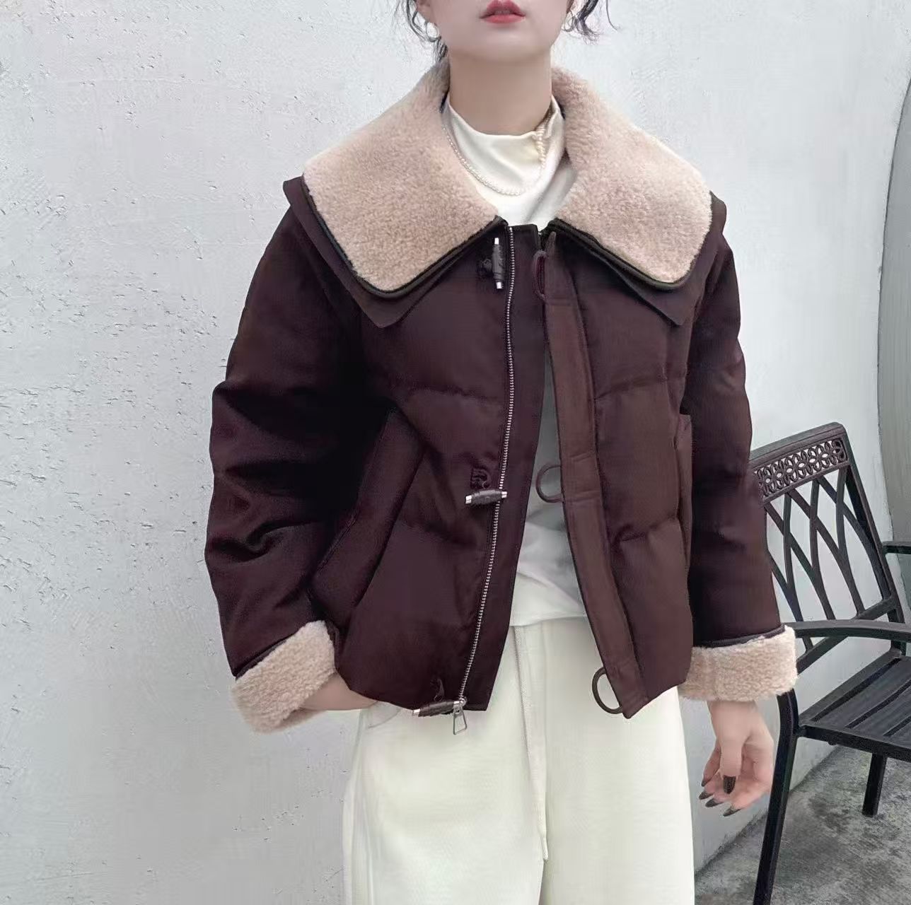 商场正品韩版羊羔毛娃娃领羽绒外套女冬季新款牛角扣白鸭绒羽绒服