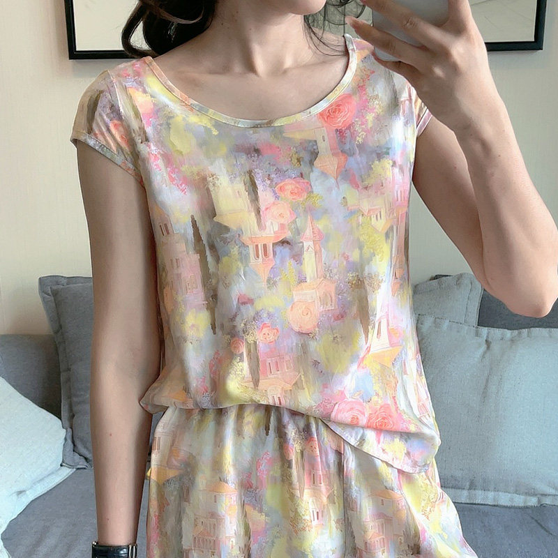碎花衬衫女棉绸夏装新款宽松遮肚子裙摆小衫中年妈妈洋气短袖上衣
