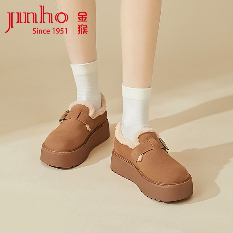金猴女鞋2025冬季新款牛皮加绒保暖毛毛雪地靴百搭松糕底短筒靴女