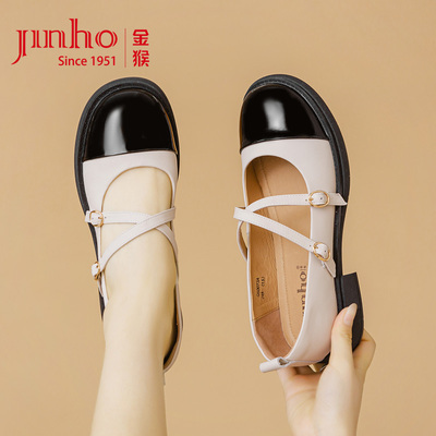 金猴女鞋2025春季新款黑白拼色玛丽珍鞋高跟复古单鞋小香风小皮鞋
