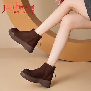 金猴女鞋2025新款牛皮皮鞋厚底切尔西靴土黄色厚底中年妈妈休闲鞋