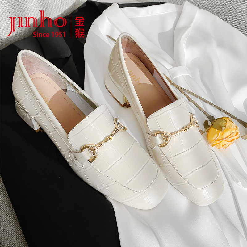 金猴官方品牌店正品女鞋春季新款牛皮时尚粗跟单鞋通勤方头乐福工