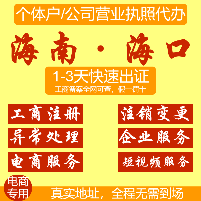 海南海口个体户营业执照办理公司注册执照代理工商代办变更注销