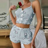 Pajama Set Piece Bow Loungewear Two Print Shorts Floral Cami