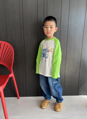 日系童装weii蜜mi同款小怪兽数码印花长袖拼接防晒打底亲子装