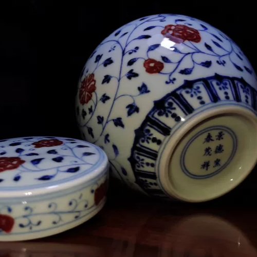 景德镇精工春茂祥手绘青花釉里红茶叶罐双盖罐储存罐