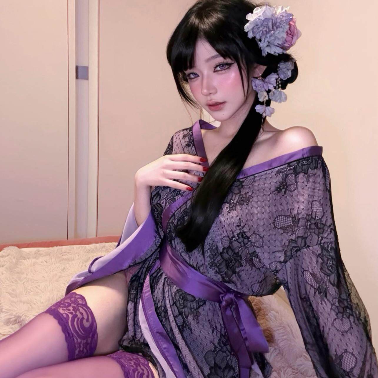 恶女花魁和服cos服万圣节服装纯欲风日系蕾丝系带浴衣大码可外穿