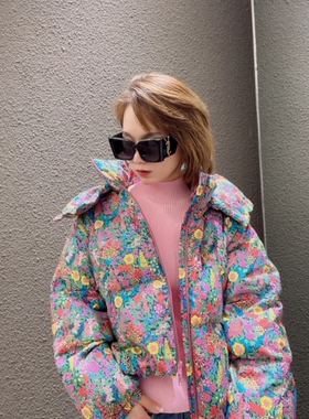 现货cc家2025新国标90白鸭绒宽松短款碎花羽绒服外套女