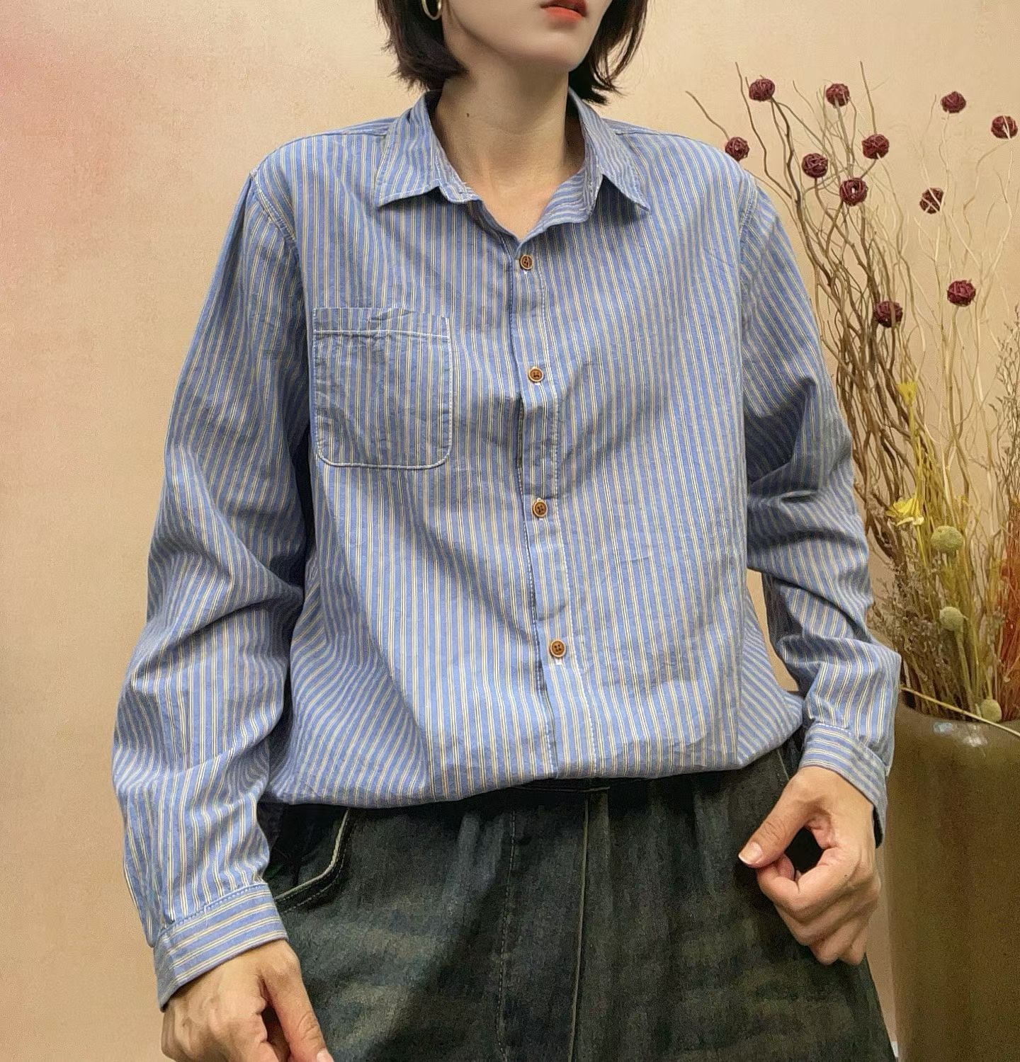 纯棉竖条纹衬衫女秋冬新款复古百搭条纹衬衣全棉短款小个子内搭
