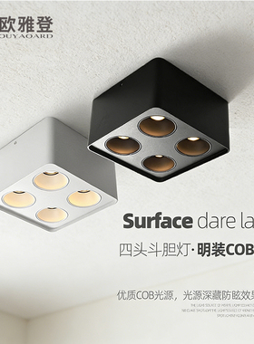 明装方形斗胆灯极简客厅防眩四头卧室灯COB格栅灯led射灯无主灯