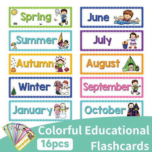 跨境英语启蒙FlashCards星期月份季节天气疑问教室装饰卡片墙贴