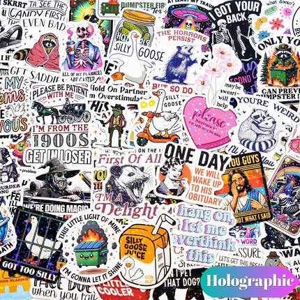 跨境英文贴纸sticker创意搞笑动物全息镭射贴纸语录装饰手账水杯