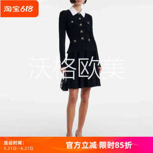沃格SP早春新款黑白拼色翻领华丽钻扣多口袋修身假两件针织连衣裙