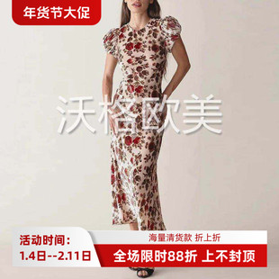 沃格DN早秋新款红绿蔷薇印花打褶泡泡短袖优雅斜裁真丝丝绒连衣裙