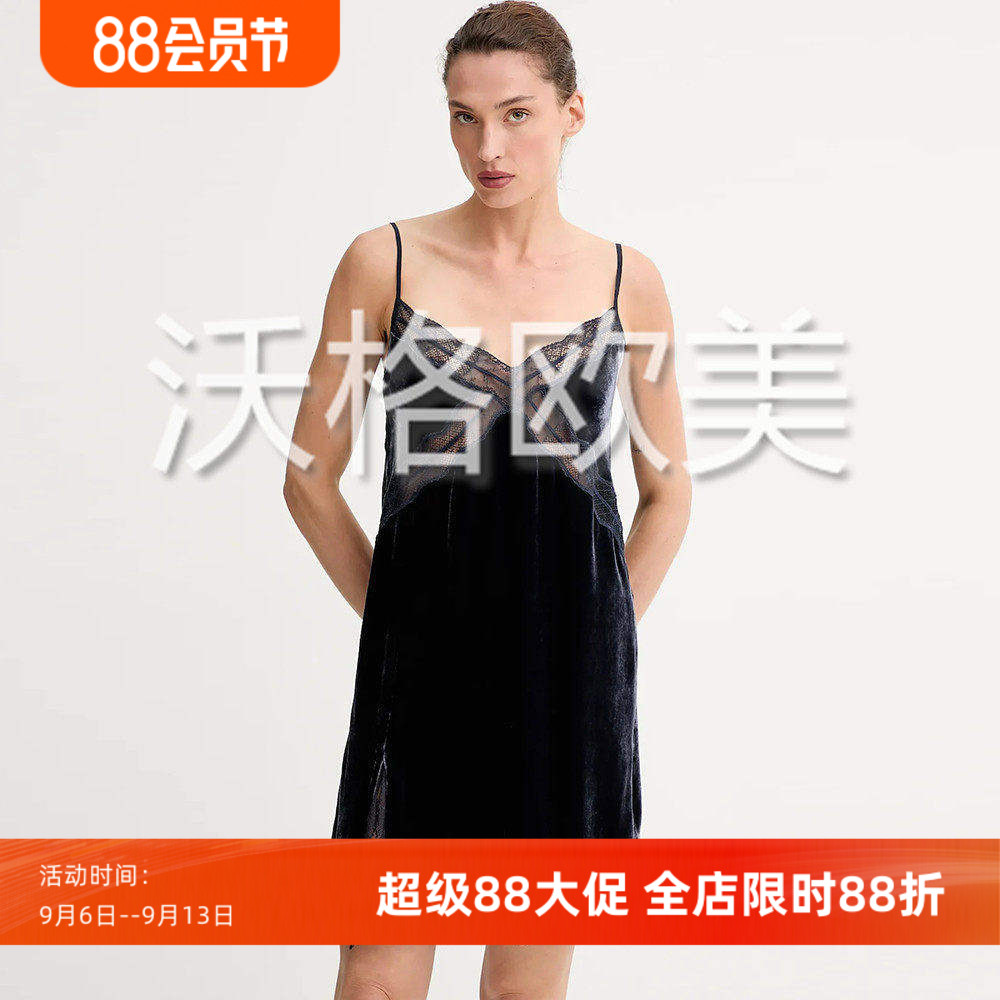 沃格ZV秋冬新款墨水蓝性感蕾丝拼华丽真丝混纺丝绒开叉吊带连衣裙图片