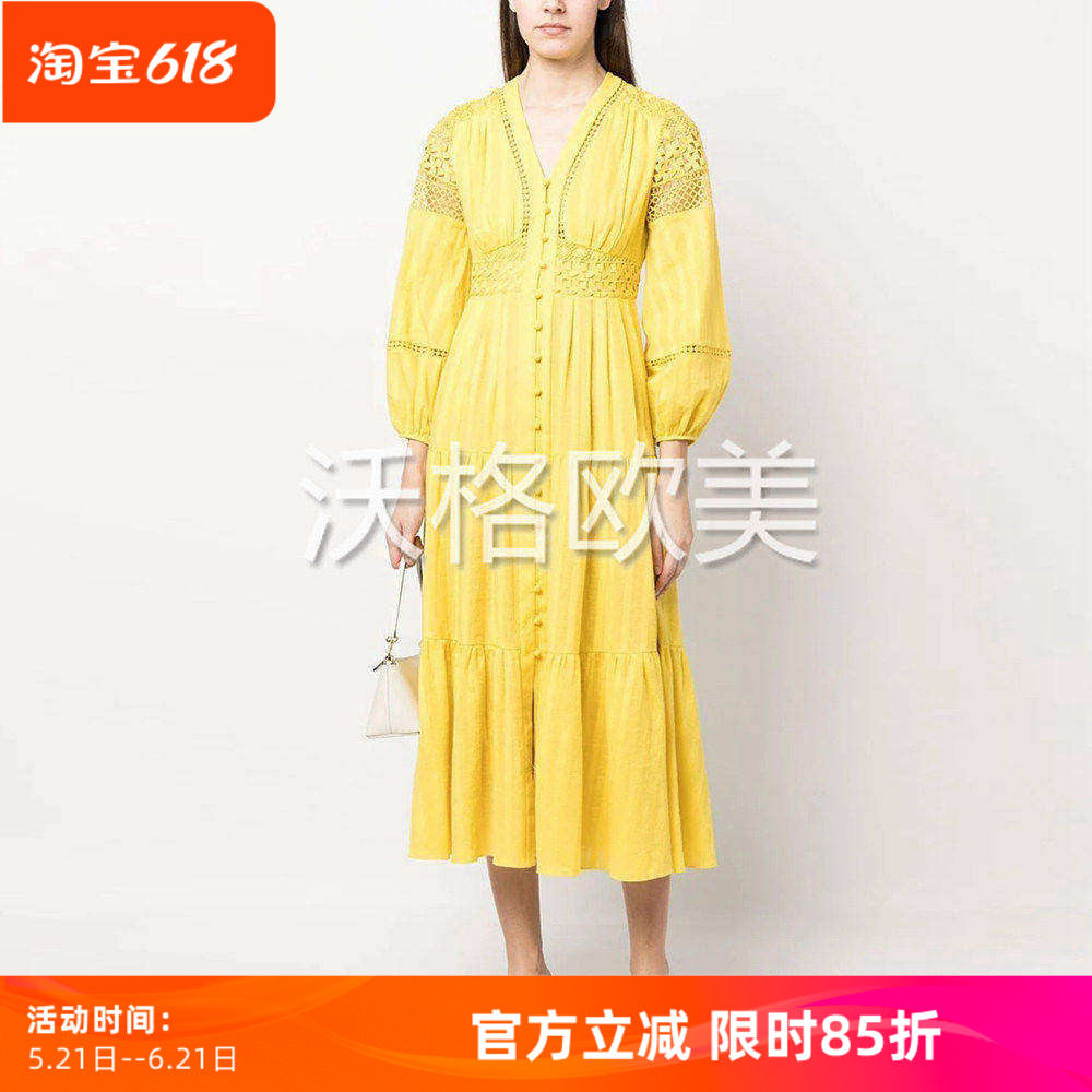 沃格D春夏新款宫廷感精致黄色钩花蕾丝拼接A字优雅提花纯棉连衣裙