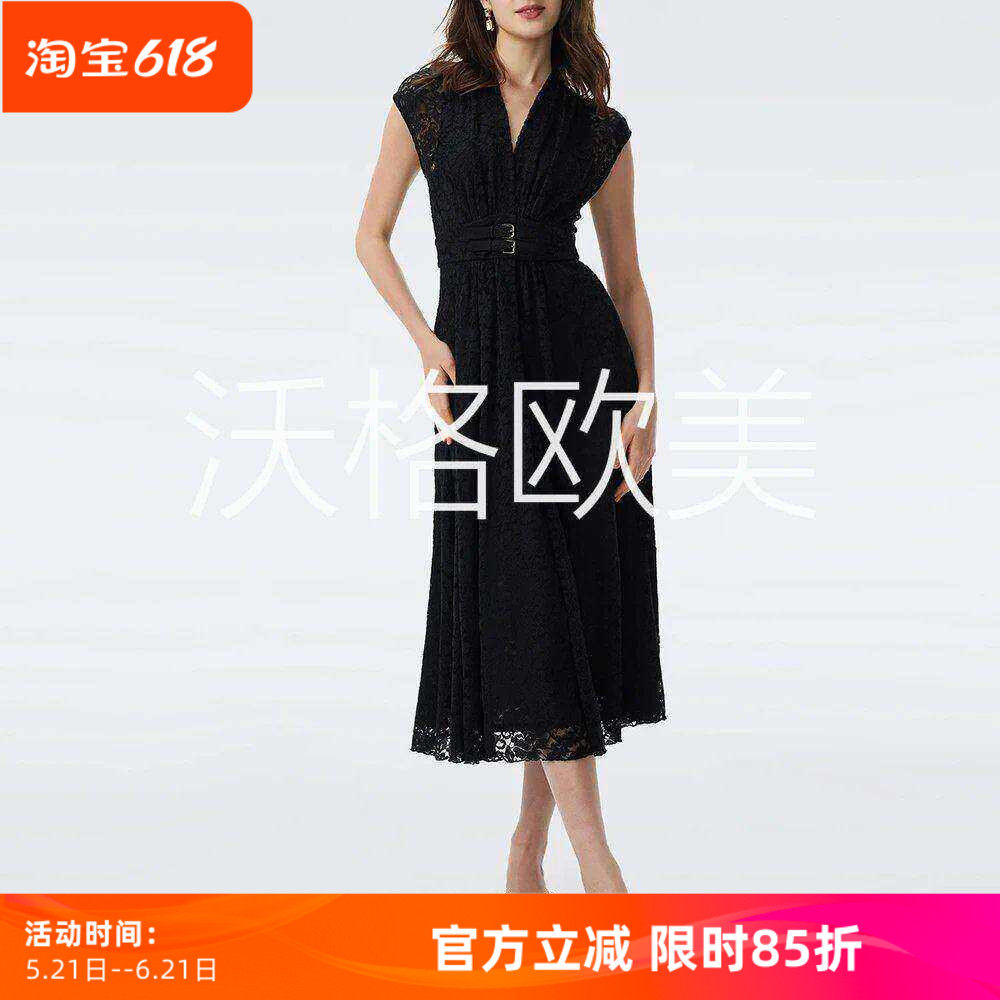 沃格 D早秋新款显瘦黑色V领双扣袢高腰A字中长精致钩花蕾丝连衣裙
