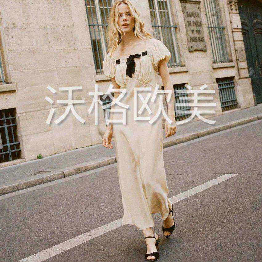 沃格DN春夏新款法式方领蕾丝拼接减龄系带蝴蝶结中长真丝棉连衣裙