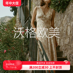 法式 沃格 DN夏季 新款 碎花性感蕾絲拼接V領(lǐng)系帶中長斜裁真絲連衣裙