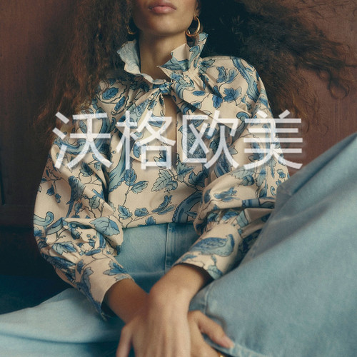 沃格SE春夏新款清新蓝白花鸟印花系带荷叶边领女宽松棉灯笼袖衬衫
