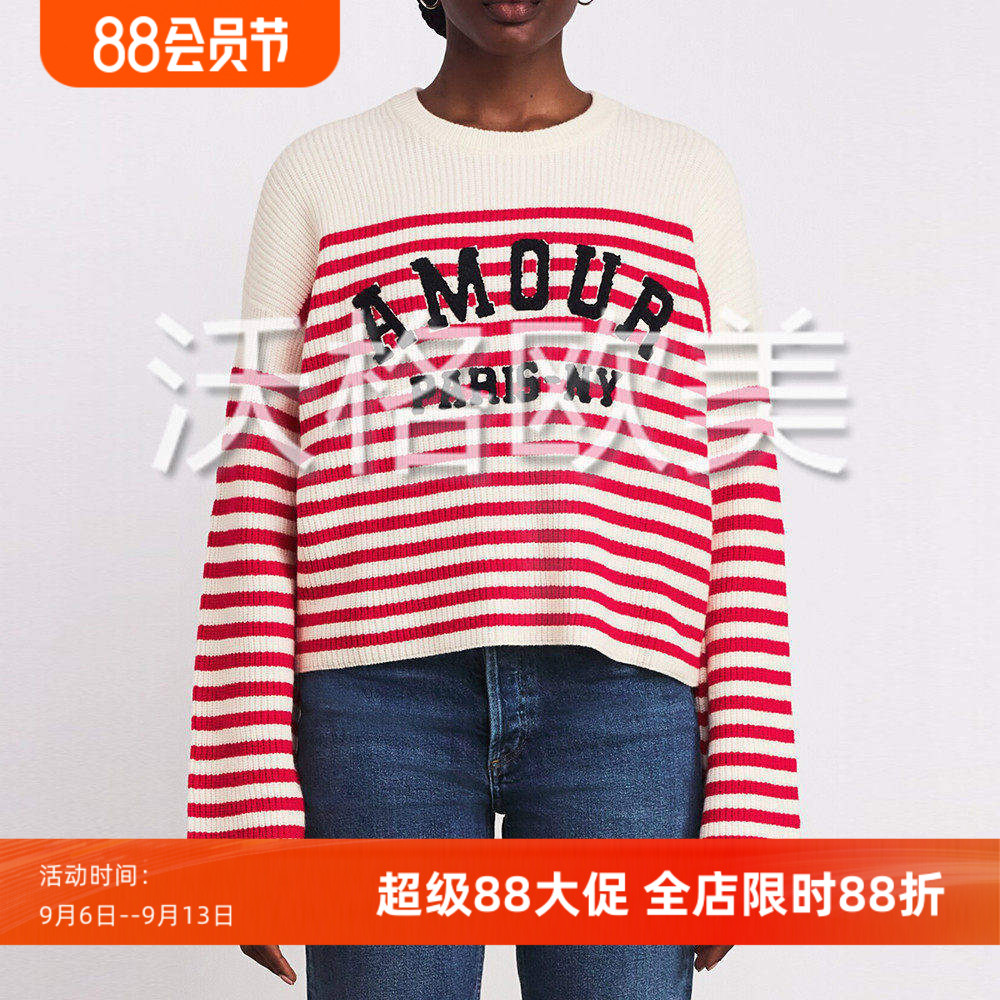 沃格 M秋冬新款活力减龄红白横条纹字母贴花女宽松廓形套头针织衫