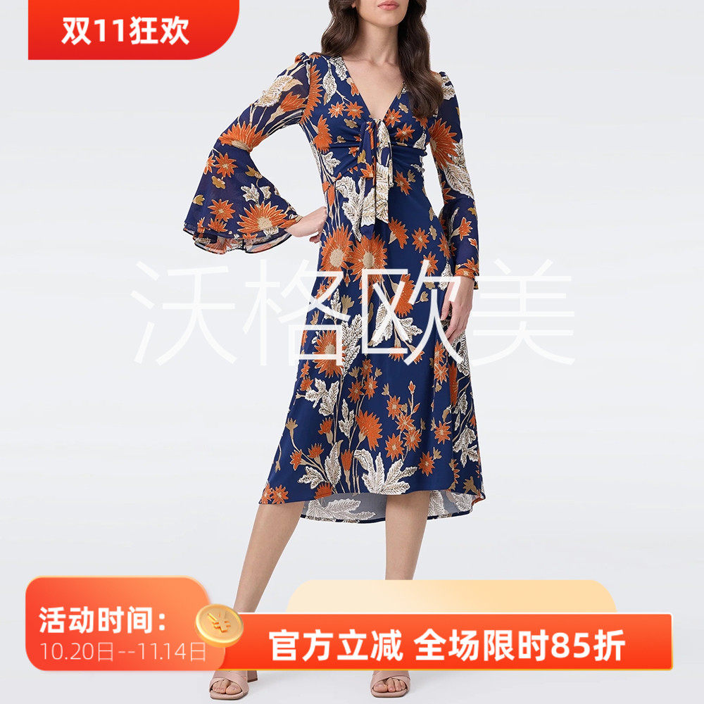 沃格D早秋新款浪漫橘蓝太阳花印花系带V领网纱喇叭袖薄针织连衣裙