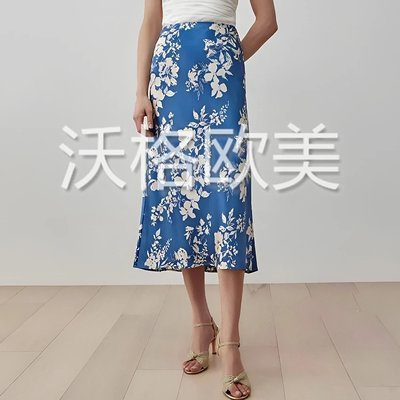 沃格 RF春夏新款蓝白花朵枝叶印花高腰A字中长素绉缎斜裁真丝半裙