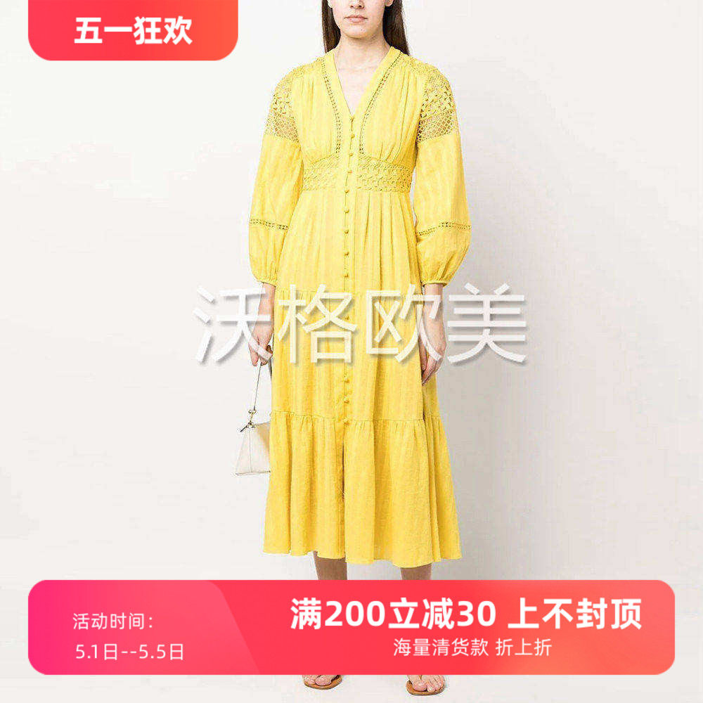 沃格D春夏新款宫廷感精致黄色钩花蕾丝拼接A字优雅提花纯棉连衣裙