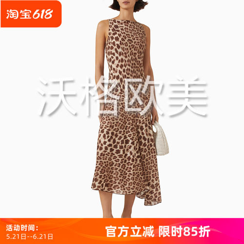 沃格RP早秋新款时髦棕咖豹纹印花拼接中长大摆无袖斜裁真丝连衣裙