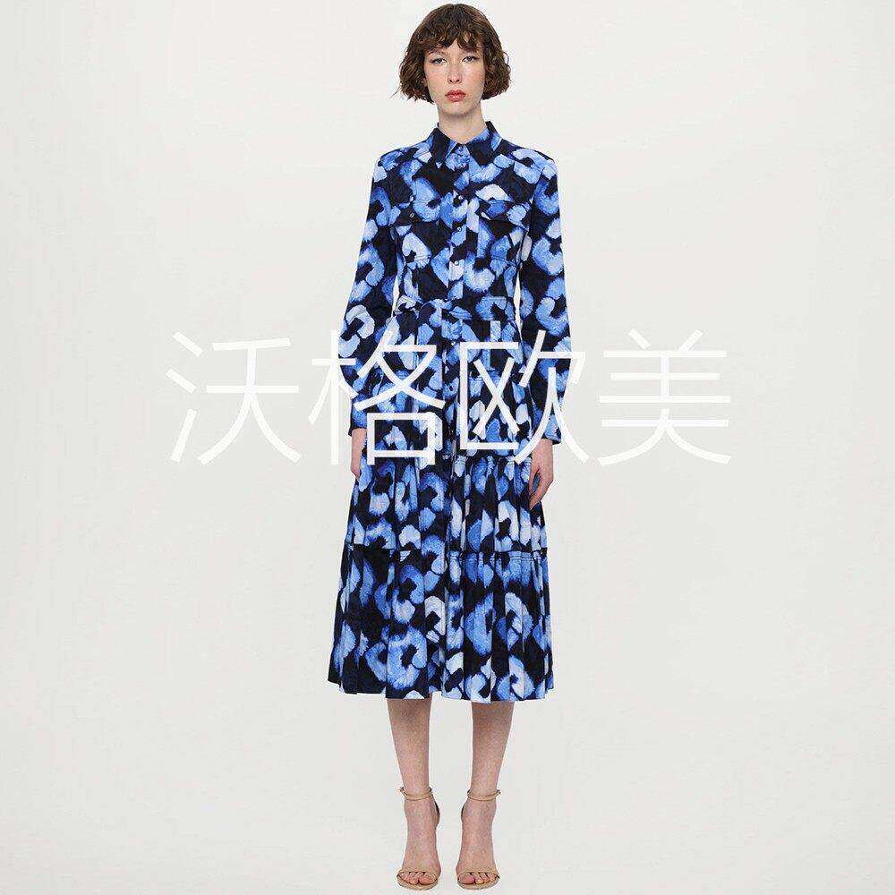 沃格D秋季新款蓝色晕染锁链印花翻领双兜系腰带A字中长衬衫连衣裙