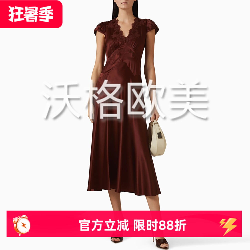 沃格DN春夏新款性感蕾丝拼接V领系带A字中长20姆米缎面真丝连衣裙