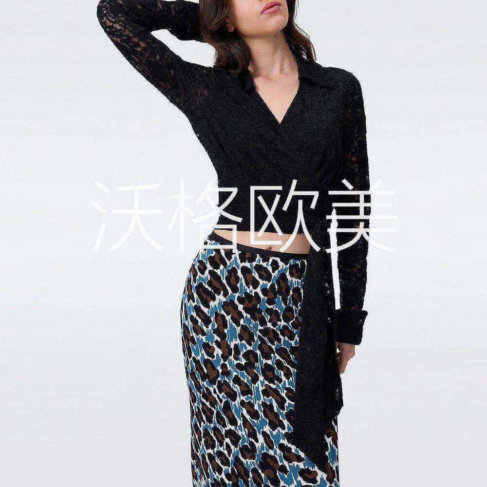 沃格D早秋新款黑色法式优雅翻折V领系带围裹女精致钩花蕾丝造型衫