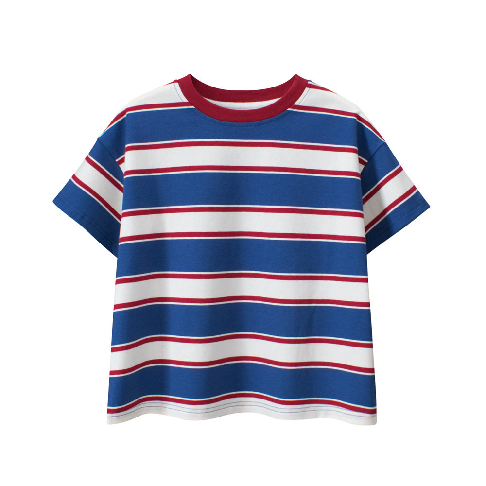 中大童纯棉条纹男童衣服2026年新款夏季短袖T恤休闲儿童潮酷上衣
