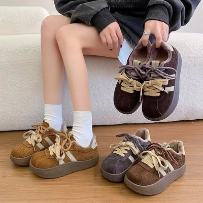 韩版百搭运动鞋秋冬2025新款加绒二棉鞋女款厚底冬季德训鞋休闲鞋
